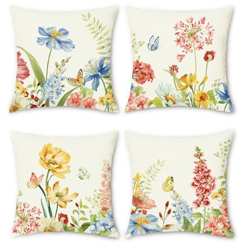 Bonhause Spring Floral Pillow Covers 18x18 Inch Set of 4, Wildflower Plant Decorative Cushion Covers, Polyester Linen Seas...