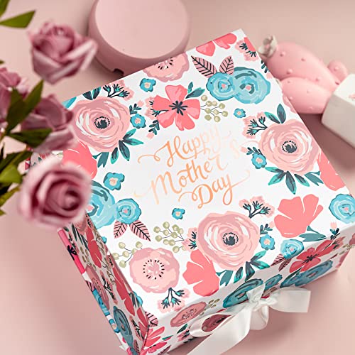 WRAPAHOLIC 1 Pcs 8x8x4 Inches Rose Gold Foil Happy Mother's Day Lettering and Floral Gift Box with Satin Ribbon, Collapsib...