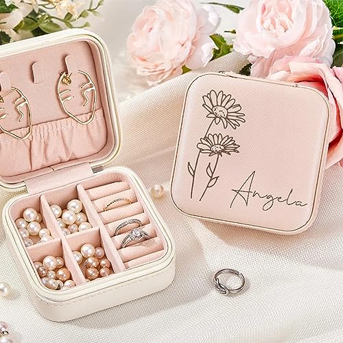 Yofair Mothers Day Mom Gifts for Women Personalized Jewelry Box with Birth Flower Custom Leather Travel Jewelry Case Ring ...