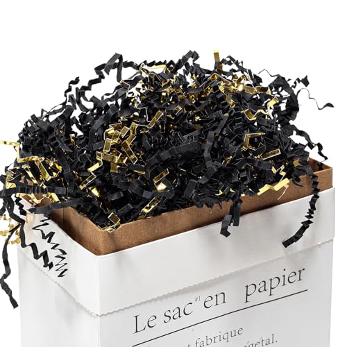 Mefleet 1/2 LB Crinkle Cut Paper Shred Filler 8 oz Black & Gold Crinkle Shredded Paper for Gift Box - Gift Basket Bag Fill...