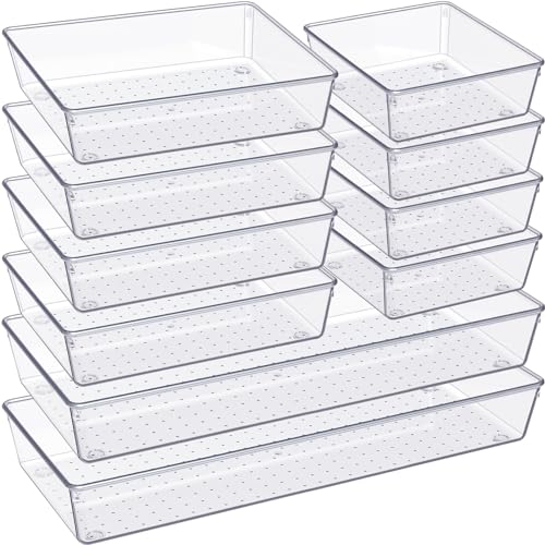 Criusia Drawer Organizer, 10 Pack Large Clear Plastic Set, 3 Size Versatile Bathroom and Vanity Organizer Trays, Storage B...