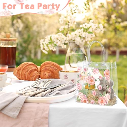 Aliceset 20 Pcs Mother's Day Clear Floral Gift Bags with Handles Flower Rose Party Goodie PVC Treat Bags for Tea Party Bab...