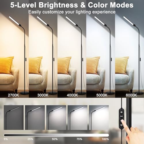LED Floor Lamp, 18W/2000LM Bright Reading Floor Lamp for Office with Double Head, Adjustable Gooseneck Dimmable Modern Sta...