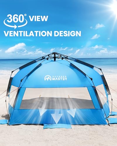 OutdoorMaster Beach Tent Sun Shelter for 3-4 Person, Pop Up Beach Tent Easy Setup with Sandbags, Portable Sun Shade Canopy...