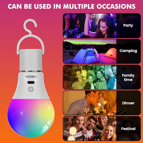 LED Rechargeable Light Bulbs With Remote ＆ Touch Dimmable, E26 Battery Operated Light Bulb for Lamps, RGB 12 Colors, 2600m...