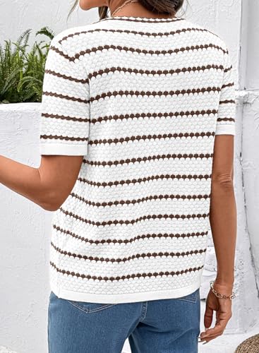 Dokotoo Cardigan Sweaters for Women Spring Summer Short Sleeve Crochet Striped V Neck Button Casual Lightweight Knit Tops