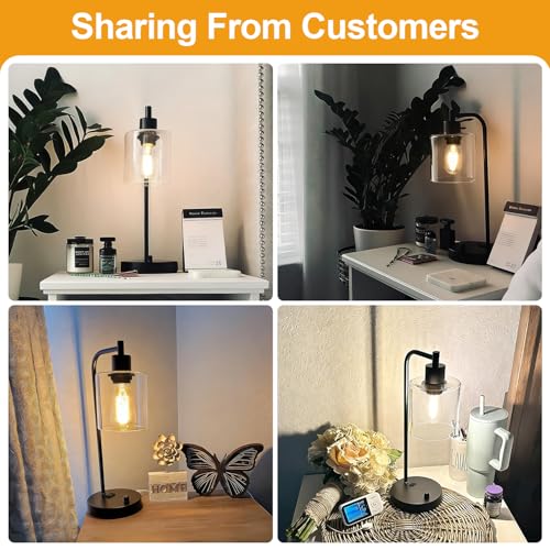 Set of 2 Industrial Table Lamps with USB C+A Ports and Outlet, Fully Stepless Dimmable Bedside Lamps for Bedrooms, Nightst...