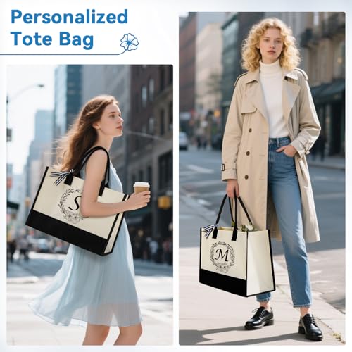 Miokok Personalized Initial Canvas Tote Bag, Beach Bags for Women Birthday Gifts, Wedding Gift for Mom Teachers Friends Nurse