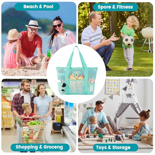 coclothy Mesh Beach Bag, Large Bag with Zipper Beach Bags for Women Waterproof Sandproof with 5 Pockets Green