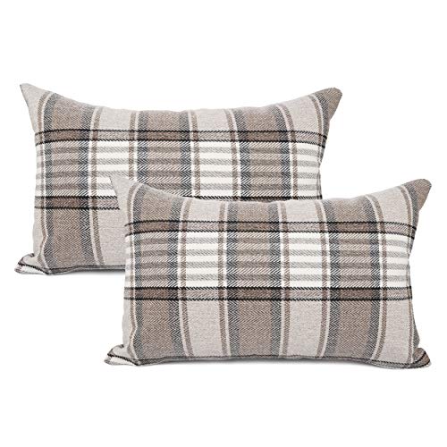 YOUR SMILE Set of 2 Retro Farmhouse Outdoor/Indoor Buffalo Tartan Chequer Stripe Plaid Cotton Linen Decorative Throw Pillo...