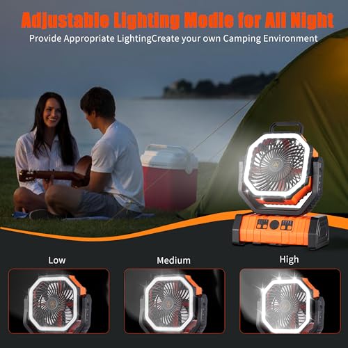 Rechargeable Fan,Operated Camping Battery Powered Fan with Hook&Bright LED Light,Remote Control Timer Auto Oscillation Cor...