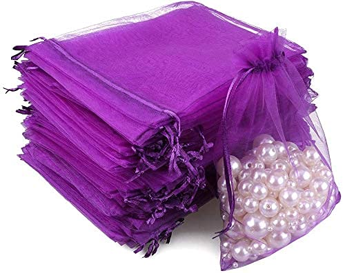 G2PLUS Purple Organza Bags 4x6 in, 100PCS Drawstring Organza Bags, Sheer Mesh Jewelry Pouches, Lavender Wedding Party Fest...