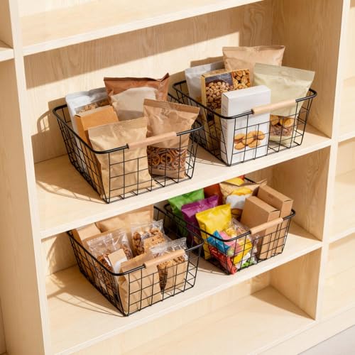 Black 2PCS Wire Storage Baskets with Wooden Handles - Organizing Pantry and Kitchen Cabinets - Metal Wire Food Storage Basket