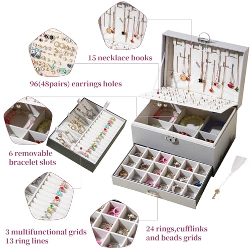 BOOVO Earring Jewelry Box For Women Girl Stud Organizer, 5 Layers Girl Jewelry Organizer Box With Lock Earring Holder Orga...
