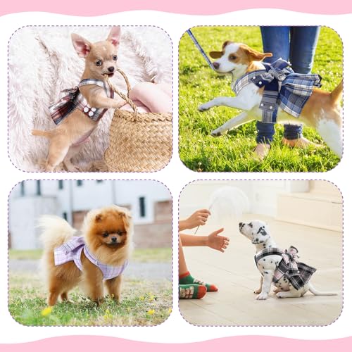 Yearntown 4 Pcs Plaid Dog Dress with Pearls Bow Tie Harness Leash Cute Puppy Dress for Small Dogs Puppy Clothes for Pet Ch...