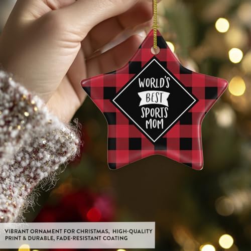 Andaz Press Star Ceramic Porcelain Christmas Tree Ornament Keepsake Gift, World's Best Sports Mom, Plaid, 1-Pack, Birthday...
