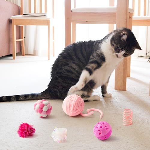 MALLMALL6 10Pcs Cat Toy Set Interactive Cat Toys Pack Including Feather Teaser Wand Cat Springs Mice Crinkle Balls and Pet...