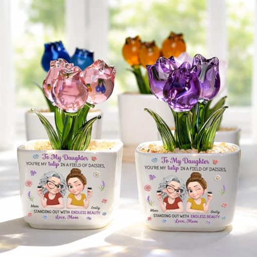 Wrappiness Everlasting Glass Tulip Plant in Ceramic Pot Personalized for Daughter – Customized Mother-Daughter Gift, Flowe...