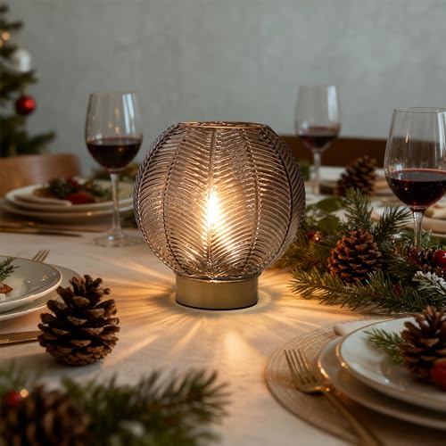 LUSHARBOR Battery Operated Lamp with Timer, Cordless Amber Glass Table Lamp, Battery Powered Small Lamps Decorative for Li...