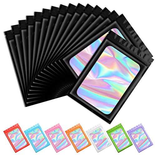 Funfery 100 pcs Black Mylar Holographic Resealable Bags,Clear Packaging Bag Odor Proof Foil Pouch Bag for Food Storage, Li...