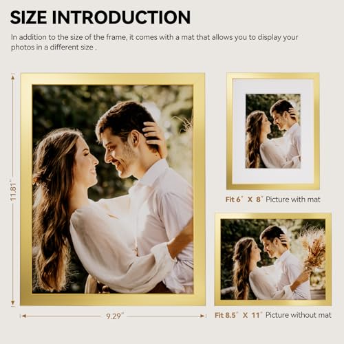 HappyHapi 8.5x11 Picture Frame Gold, Gold Picture Frames Display Photos 6x8 with Mat or 8.5x11 Without Mat, 1 Pack Plastic...
