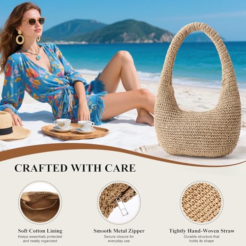 Straw Beach Bag for Women, Summer Tote Bag for Vacation, Hobo Shoulder Bag for Beach Wedding Travel