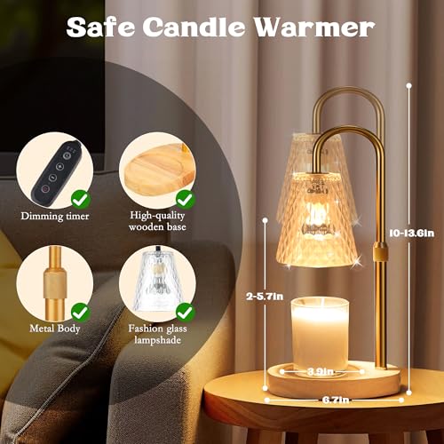 Candle Warmer Lamp with Timer - Adjustable Height Electric Wax Melter in Gold for Cozy Aesthetic Bedroom Home Decor Gift f...