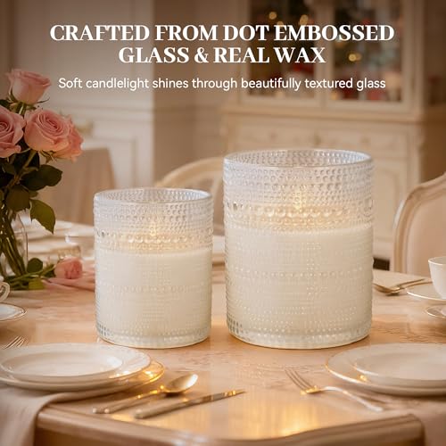 Velsyn Dotted Glass Flameless Candles with Remote Timer, Real Wax Battery Operated LED Pillar Candles with 3D Flickering F...