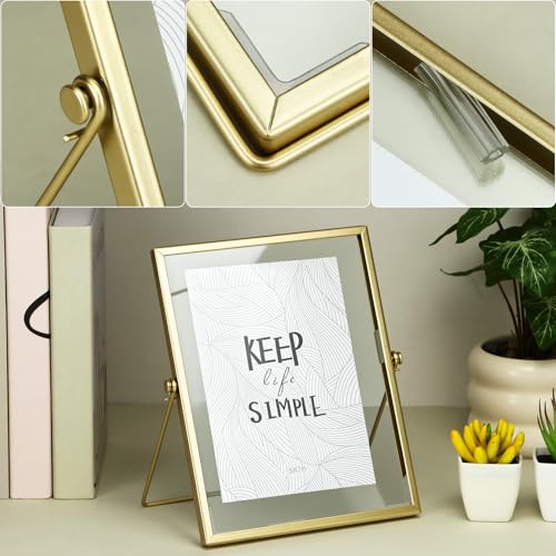 QWORK Gold Floating Picture Fram, Set of 3 Glass Double Panel Metal Frame, Includes 5x7, 4x6, 4x4, Tabletop Display for Po...
