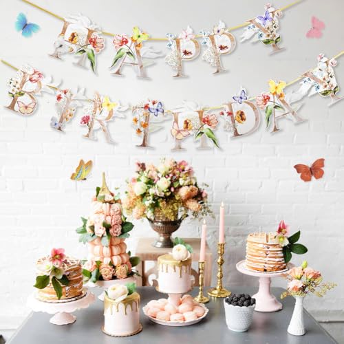 Flower Butterfly Happy Birthday Banner, Boho Groovy Floral and Butterflies Bday Sign, Wildflower Garden Party Decorations ...