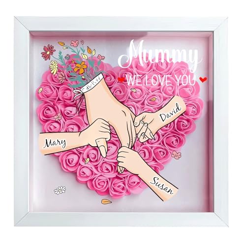 Personalized Mom Flower Shadow Box with Hands & Kids Names, - Customized Rose Frame Gift for Mom Grandma, Unique Mother's ...