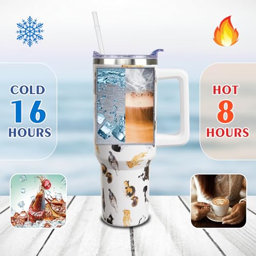 qoepfnsh 40 oz Cat Tumbler with Handle and Straw, Stainless Steel Vacuum Insulated Travel Coffee Mug Cup Water Bottle, Cat...