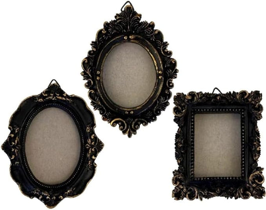 CCUUHJ Vintage Decorative Mini Picture Frames Set, Black with Gold Accents, 3 Pack Antique Style Resin Photo Frames for Wa...