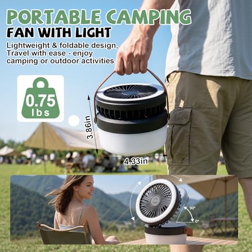 3-in-1 Camping Fan, Portable Solar Fan Rechargeable with LED Lantern, Battery Powered & Solar Camping Fan Light with Hangi...