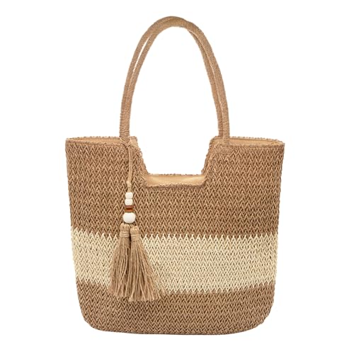 Long Keeper Beach Bags for Women Summer Straw Bag with Zipper Woven Shoulder Handbag Beach Tote Bags for Travel Vacation