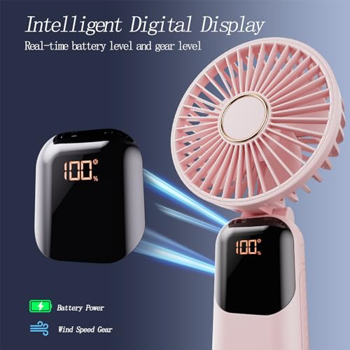 GOCKERA Portable Fan, 4200mAh Battery Operated Fan, 5 Speeds&Digital Display, Makeup Fans for Women with Base, 180°Foldabl...