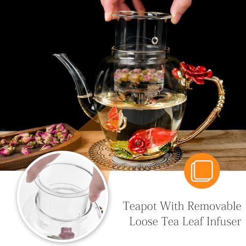 Enamel Glass Flower Tea Pot With Removable Loose Tea Leaf Infuser Tea Maker Teapot Set 30.4OZ Gifts for Women,Mom,Birthday