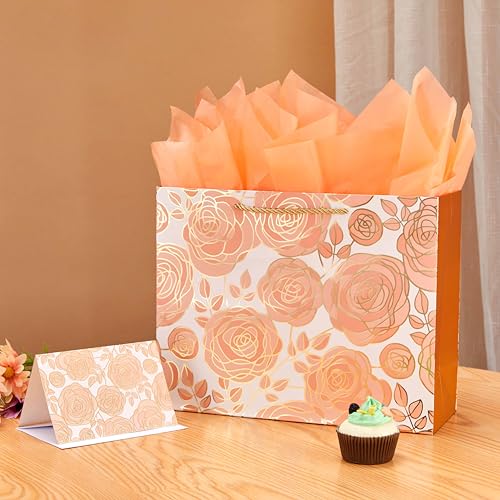 SUNCOLOR Large Gift Bag with Tissue Paper and Card, Rose Gold, Large 13W x 10.2H x 4.7D inches, for Wedding, Bridal Showe...