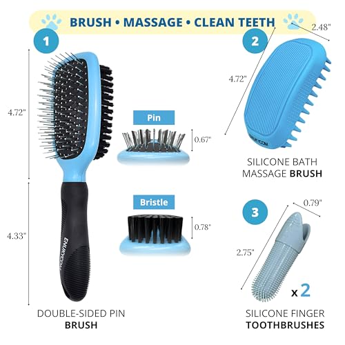 Double-Sided Pet Dog Cat Brush for Detangling Deshedding & Removing Small Mats plus Rubber Dog Bath Brush for Grooming, Sh...