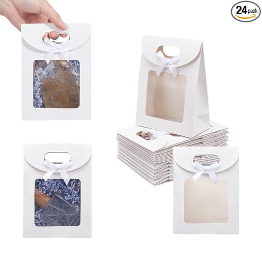 NBEADS 24 Pcs Small White Kraft Paper Bags with Window, 6.3x4.72x2.44inch Stand Up Gift Bag with Handles and Bowknot for C...