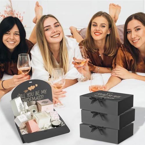 Ocmoiy 12 Pack Gift Boxes with Lids, 10.6x7.8x3.1 Inch Black Paper Gift Box with Ribbon, Bridesmaid Proposal Box for Weddi...