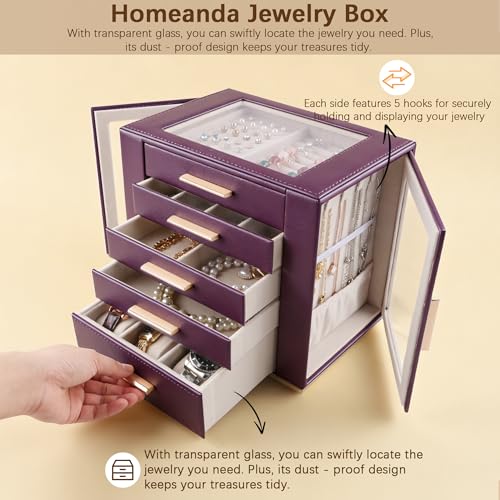Homeanda Jewelry Box for Women with Glass Lid, 5 Drawers Jewelry Organizer and Storage for Necklaces, Rings, Earrings, Bra...