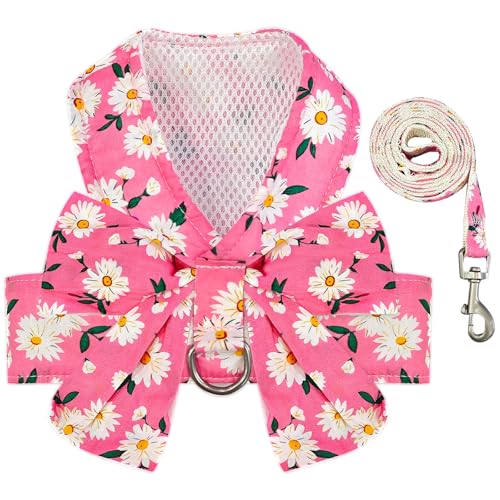 BAEJMJK Dog Harness and Leash Set with Bow Knot No Pull Pet Daisy Floral Harness with D-Ring Soft Mesh Dog Harness Vest Se...