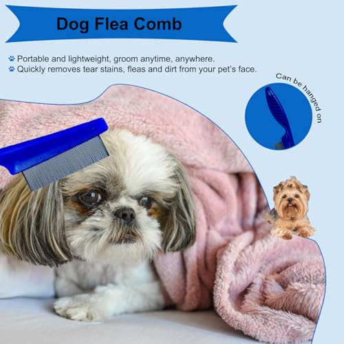 MAEELOU 3 PCS Puppy Brush Grooming Kit, Stainless Steel Flea Comb, Fit for Yorkie, Shih Tzu, Maltipoo, Soft Bristle (Blue)