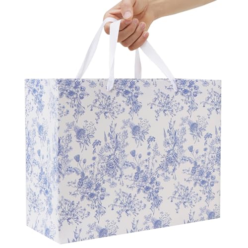 13'' Large Blue Floral Gift Bag Set with Handles, Greeting Card, White Tissue Papers and Stickers for Women Girls for Birt...