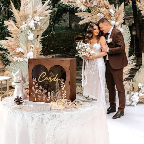OurWarm Brown Wedding Card Box for Reception with Heart Acrylic Window, Wooden Gift Card Box for Wedding with Flower Patte...
