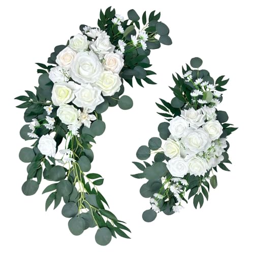 Petalivebioom Wedding Arch Flowers Set of 2 White Floral Swag for Wedding Ceremony Backdrop and Reception Decoration