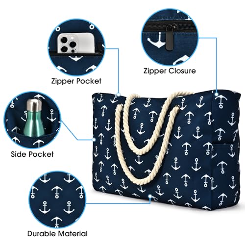 Becokan Beach Bag Large Beach Tote Bag for Women Waterproof Sandproof Swim Pool Bag With Zipper