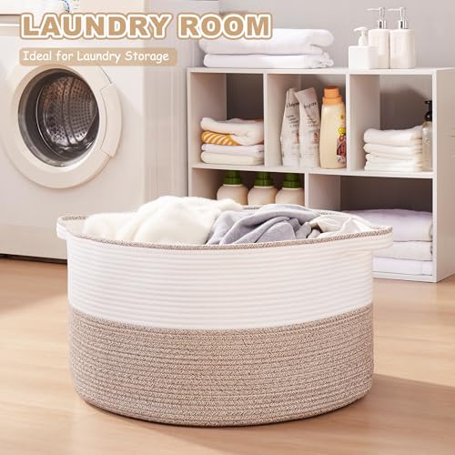 OIASKET Large Blanket Basket with Handles, 22.8" x 22.8" x 13" Woven Storage Basket for Living Room, Cotton Rope Baby Toy ...