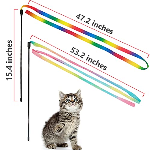 LASOCUHOO Interactive Cat Wand Toys Interactive Cat Teaser Wand String Ribbon Rainbow Charmer for Cats and Kittens - 2 Packs